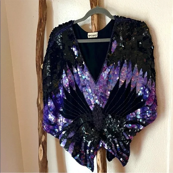 RARE Vintage Shomax Black and Purple Sequin Beaded Butterfly Disco Top Large - Picture 1 of 6